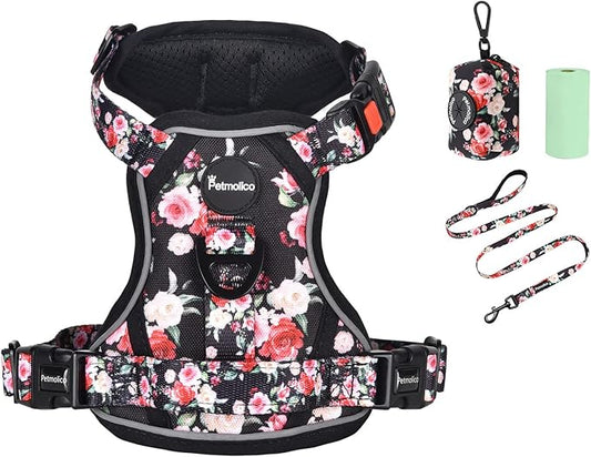 Petmolico No Pull Dog Harness Set with Leash Attachment Easy Control Handle Reflective Harness Vest Small Breed, Puppy Vest and Leash Set with Poop Bag Holder, Small - Red White Flower