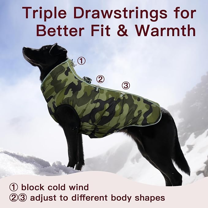 Dog Winter Jacket - Large, Warm Zip Up Snowsuit Dog Harness Vest, Reflective, Water-Resistant, Camouflage