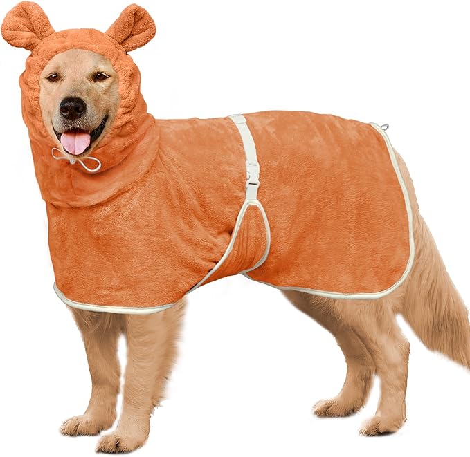 Dog Bathrobe Super Absorbent Towel Robe - Microfiber Bath Towels Fast Drying Coat for Dogs, Cute Dogs Clothes Adjustable Collar & Belly Strap Warm Keeping Hooded Dog Towel (Orange, X-Large)