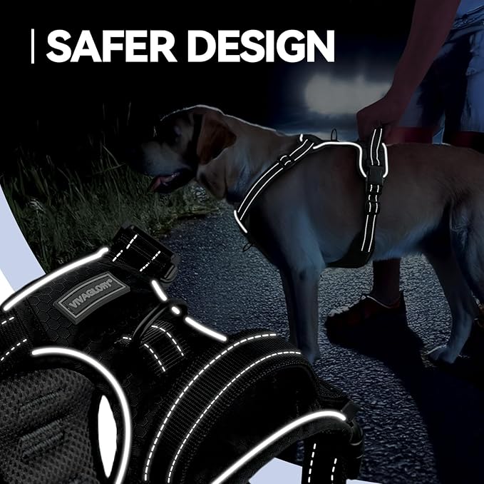 VIVAGLORY Dog Harness Easewalk No Pull Dog Harness with Handle & Front Back Clip for Training Lifting, Easy On Adjustable Padded No Pull for Pet & Puppy, XL, Black