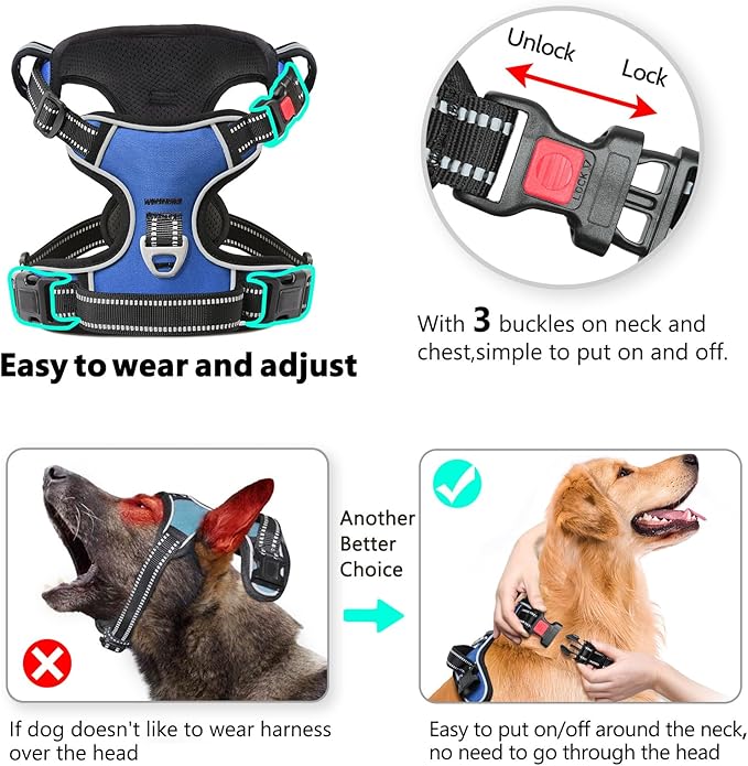 Timos Dog Harness for Large Dogs, No Pull Service Vest with Reflective Strips and Control Handle,No Choke Dog Harness with 2 Metal Rings for Easy Walking,Outdoor Training,Blue, L