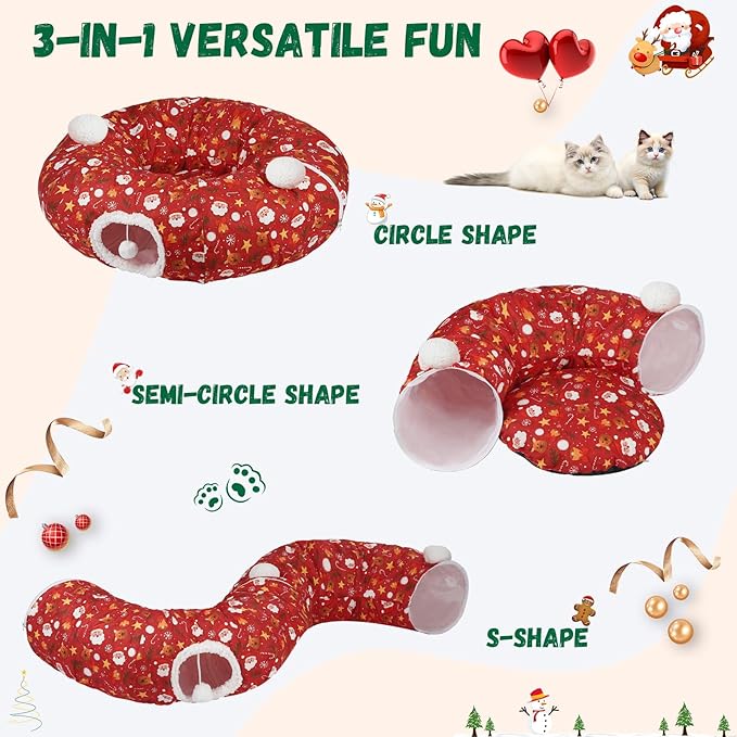 Cat Tunnel Christmas Tree Skirt Cat Tunnel Bed for Indoor Cats Play Donut Tunnel Toys S Shape for Rabbit Ferret (Red)