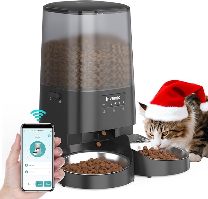Automatic Cat Feeder with App Control, 5L Food Dispenser for 2 Cats, 2.4/5G WiFi, Dual Power, Programmable Portions, Anti-Jam & Fresh-Lock, Stainless Steel Bowls, Easy to Clean