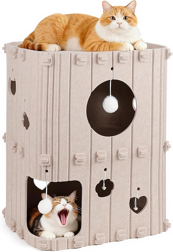 Cat House for Indoor Cats - 2-Story Enclosed Cat Bed Cave for Multiple & Large Cats, Felt Covered Pet Hideaway Tunnel Condo House, Kitty Hut Hideout Cube, Scratch Resistant, Beige