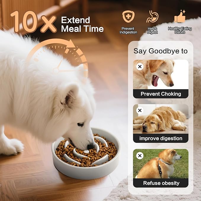 6'' Ceramic Slow Feeder Dog Bowls - Petal Shape Modern Dog Food Dish for Cats and Small Breed Dogs, Puzzle Maze Bowl to Slow Down Eating, Anti-Gulping, Dishwasher & Microwave Safe, Grey