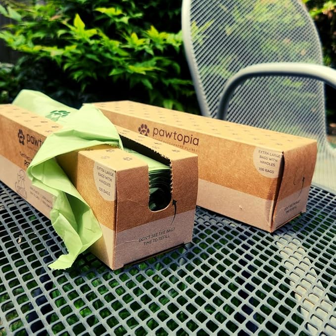 Pawtopia Pet Waste Bag Duo - 240 Standard Sized-Dog Poop Bags (16 rolls) + 100 Extra Large Cat Litter Bag with Handles (1 big roll), Vegetable Starches, Tuv Austria, Leak-Proof, Yard Pickup