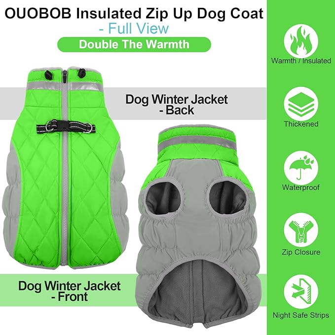 Warm Dog Coats for Large Dogs, Waterproof Dog Jacket with Harness Built in, Zipper Clousure, Fleece Lining, Turtleneck, for Cold Weather, Pet Snowsuit for Border Collie, Golden Retriever- XXL