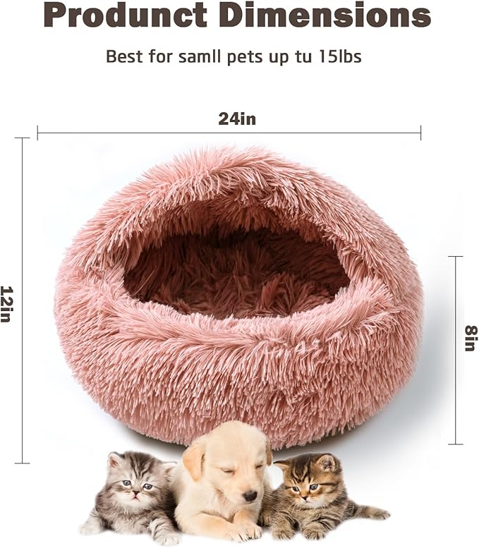 Cat Bed for Indoor Cats, Calming Cozy Cave with Self-Warming Plush, Entire Bed Machine Washable & Anti-Slip Base, Breathable Pet Bed for Small Cats&Dogs All Seasons (Leather Pink, 24*24inch)
