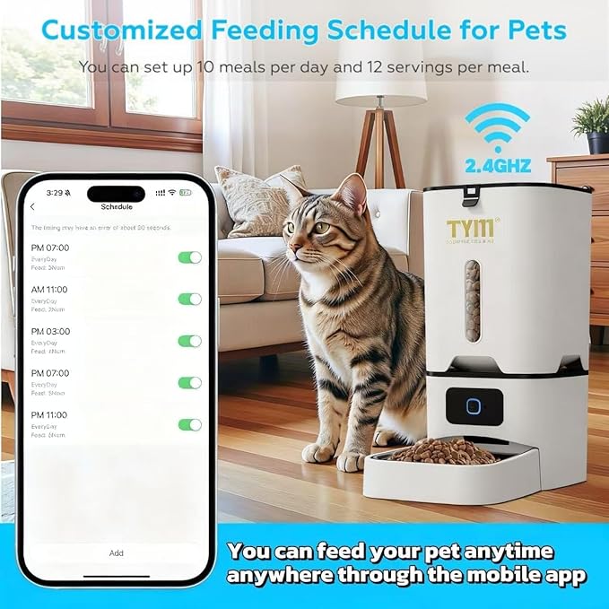 TYM Automatic Cat Feeder, 7L WiFi Cat Food Dispenser, Timed Cats Feeder with APP Control, Auto Pet Food Dispenser for Small Pets, Fresh Food, Dual Power Supply, Detachable for Easy Cleaning