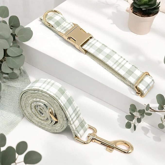 PETDURO Personalized Dog Collar Sage Green Plaid for Large Medium Dogs | Engraved Name and Phone Number on Gold Metal Buckle for Boys & Girls | Add Leash & Bow Tie via Customize Now