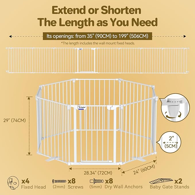 Dog Gate 27.5"-199" Extra-Wide Playpen, Freestanding Pet Gate, Puppy Fence with Auto-Close Door, Double Locking System for Fireplace, Foldable, Foldable (White, 8 Panels)