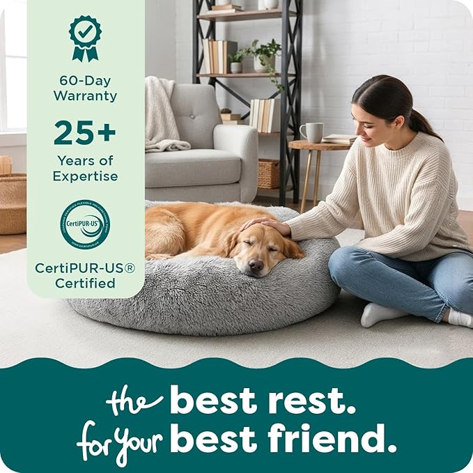 FurHaven 36" Calming Donut Dog Bed for Large Dogs, Round Plush Donut Design with Soft Filling for Snuggling Comfort, Removable Washable Cover, Large, Shaggy Faux Fur, Mist Gray