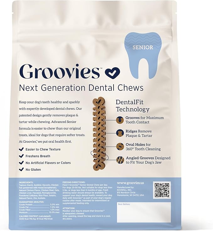 Groovies Slightly Softer, Yet Flexible Dental Chew for Senior Dogs & Delicate Chewers. Powered by USA-Patented DentalFit Tech. No Added Gluten, No Artificial Flavors or Colors. 6oz Large (6Chews)