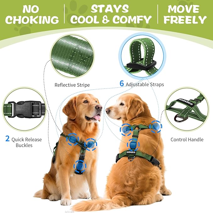 No-Pull Harness,Y-Shaped Design,Buckle-Neck Balance Harness with Reflective Stitching, Ideal for Dog Training and Night Walking, Padded Handle, Durable High-Tensile Nylon-Green-M