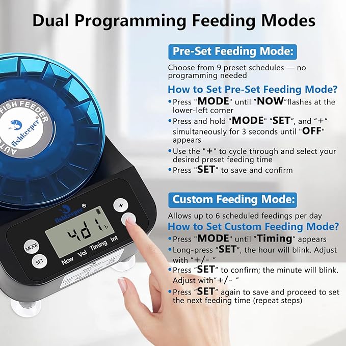 fishkeeper Automatic Fish Feeder for Aquarium - 2025 Upgraded Rechargeable and Precision Fish Feeder Auto Dispenser for Betta Fish & Turtle, Moisture & Proof Vacation Self Feeding(Memory Function)