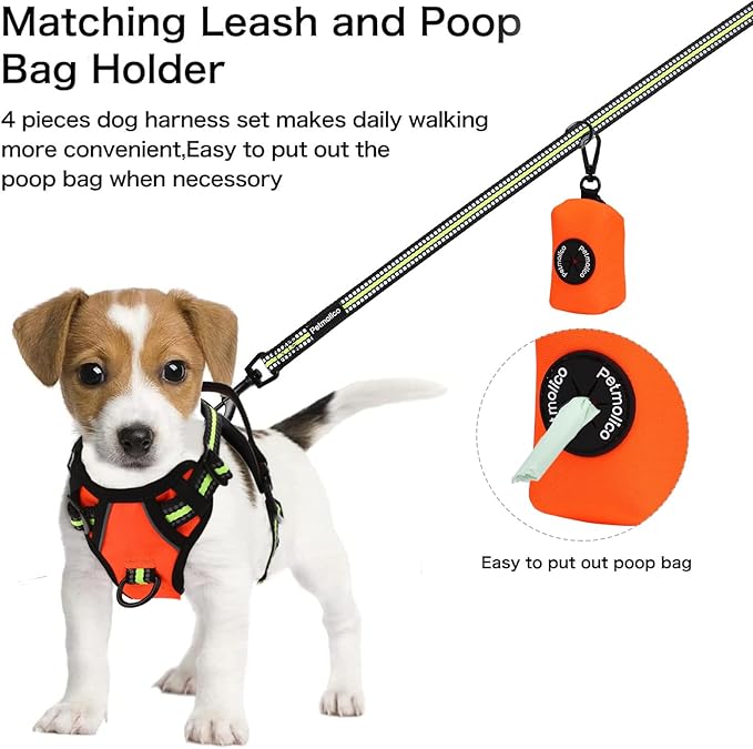 Petmolico No Pull Dog Harness Set,4 Leash Attchment Easy Control Handle Reflective Vest Dog Harness Small Breed Dogs Harness and Leash Set with Poop Bag Holder,Small-Orange
