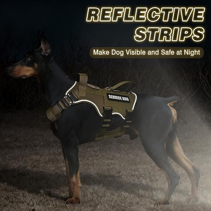 Tactical Service Dog Vest Harness and Leash Set,Heavy Duty Dog Harness with Metal Buckles for Large Dogs,Adjustable No Pull Pet Vest with 10 Patches,for Training Working,Brown L