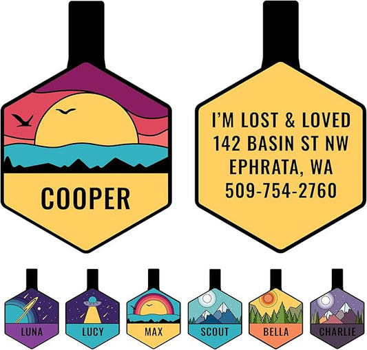 GoTags Silent Dog Tag, Personalized Engraved Hexagon Silicone Dog and Cat Name Pet ID Tags, Soundless No More Jingling Dog Tags (Beach Rose)