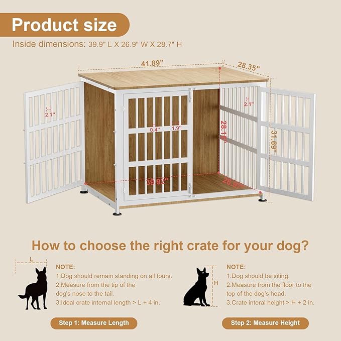 42" Furniture Style Large Dog Crate with Wheels, Metal Chew-Resistant Dog Kennel Indoor for Large & Medium Dogs, 41.9" W x 28.3" D x 31.7" H, Decorate House as TV Stand, End Table — Natural and White