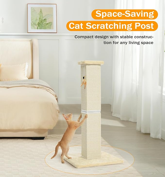 Made4Pets Cat Scratching Post, 32 Inch Natural Sisal Cat Scratcher with Kitten Toy, Tall Scratching Post for Indoor Cats Adults and Kittens, Beige