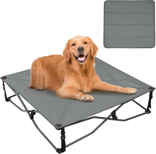 Timber Ridge Large Elevated Dog Bed, 3-in-1 Portable, Folding, and Raised with Removable Pad Mat, Cooling Design for Indoor and Outdoor Use, Grey