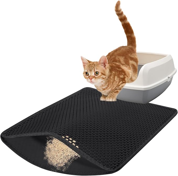 Cat Litter Mat, Litter Trapping Mat, 23.6” x15.7” Cat Mat for Litter Box, Cat Litter Mat Small, Honeycomb Double Layer Design, Waterproof & Urine Proof, Scatter Control, Non-Slip, Black, 1 Pack