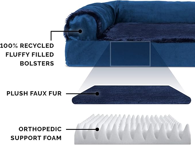 Furhaven Orthopedic Dog Bed for Large/Medium Dogs w/ Removable Bolsters & Washable Cover, For Dogs Up to 55 lbs - Plush & Velvet L Shaped Chaise - Deep Sapphire, Large