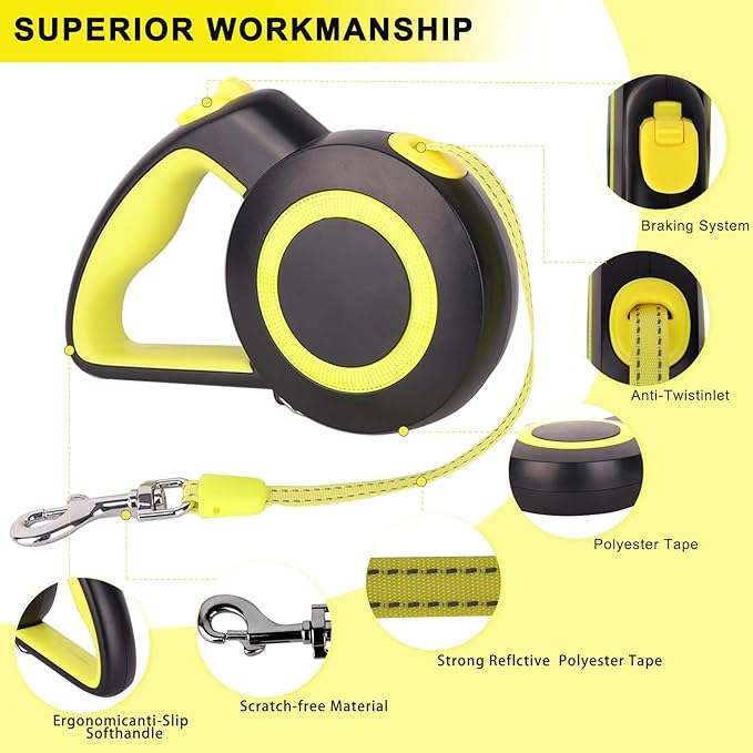 Retractable Dog Leash,Night Reflection,Light Weight Leash for Small to Medium Dogs/Cats,Stainless Steel Spring,Strong Nylon Tape, One-Handed Brake (Black-Yellow)