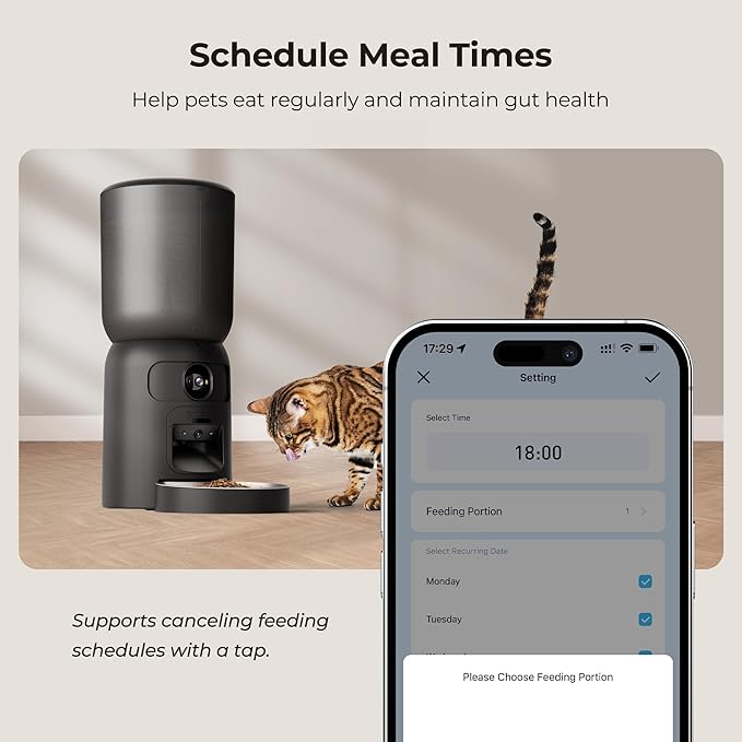 Smart Pet Feeder with Dual Camera & AI Recognition, 6L Automatic Cat Dog Feeder with App Control, 2.4G/5G WiFi, Voice Message, Pet Interaction, Motion Tracking, No Clog, Dual Power, for Multi-Pet
