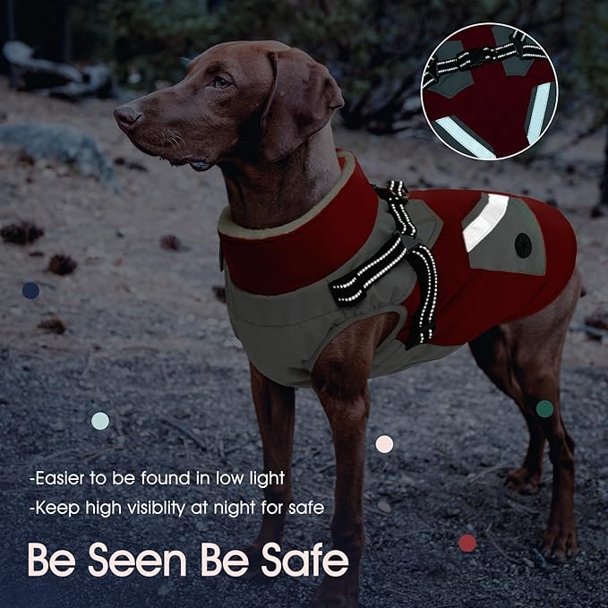 IECOii Dog Winter Coat Waterproof - Red, Medium - Dog Coat with Harness Built in for Medium Dogs, Thermal Warm Fleece Lined with Zip Up Cold Weather Jacket, Reflective Snowsuit for Outdoor Hiking