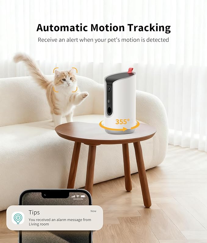 2K Cat Camera Treat Dispenser, Pet Dog Camera with 360° Auto Tracking, AI Photo Album, 5G/2.4G WiFi, 2-Way Talk, Remote Treat Tossing Indoor, Motion Alerts Indoor, White