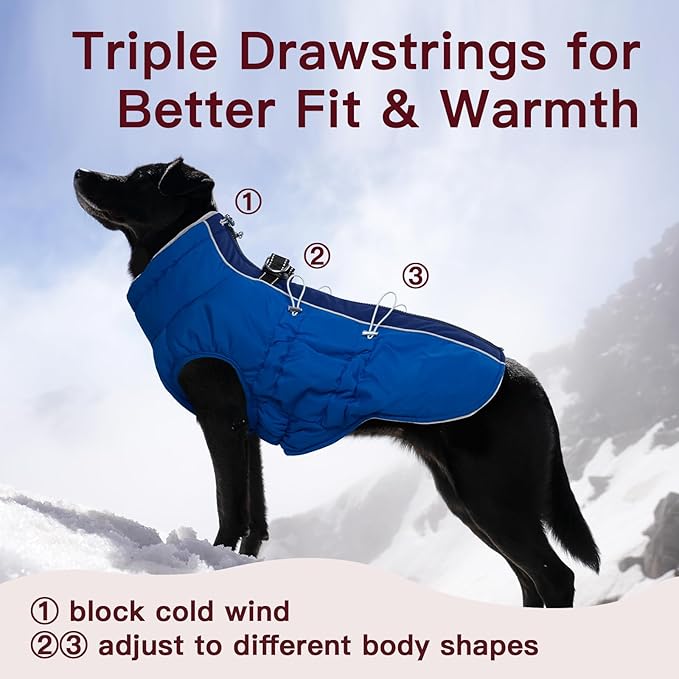 Dog Winter Jacket - XX Large, Warm Zip Up Snowsuit Dog Harness Vest, Reflective, Water-Resistant, Royal-Blue