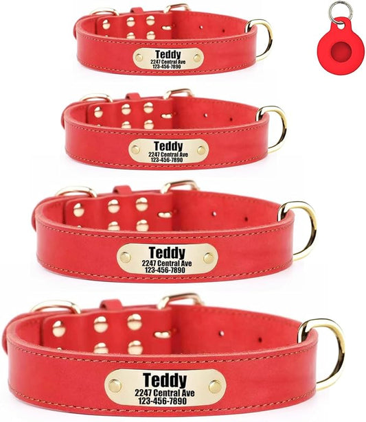 Moonpet Personalized Custom Leather Dog Collar with Engravable Nameplate with Airtag Holder Case- Durable Name Tag Collar - Customizable Dog Collar - Comfortable ID Collars for X-Small Dogs-Red-XS