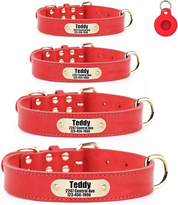Moonpet Personalized Custom Leather Dog Collar with Engravable Nameplate with Airtag Holder Case- Durable Name Tag Collar - Customizable Dog Collar - Comfortable ID Collars for Small Dogs-Red-S