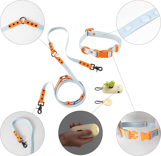 WLK1004D-5SET Luna Small 8FT Adjustable 6-in-1 Waterproof Hands-Free Leash and Collar with LED Flashlight, Bag Dispenser, and Poop Bag Holder, Fishbowl