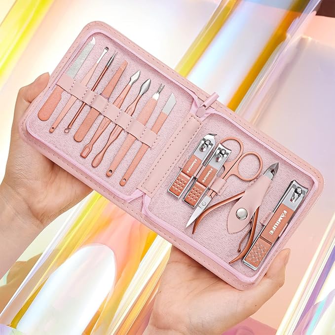 FAMILIFE Manicure Set, Professional Nail Kit Stainless Steel Nail Clipper Set, 13PCS Beauty Tools Manicure Kit Pedicure Tools, with Portable Pink Leather Travel Case for Her