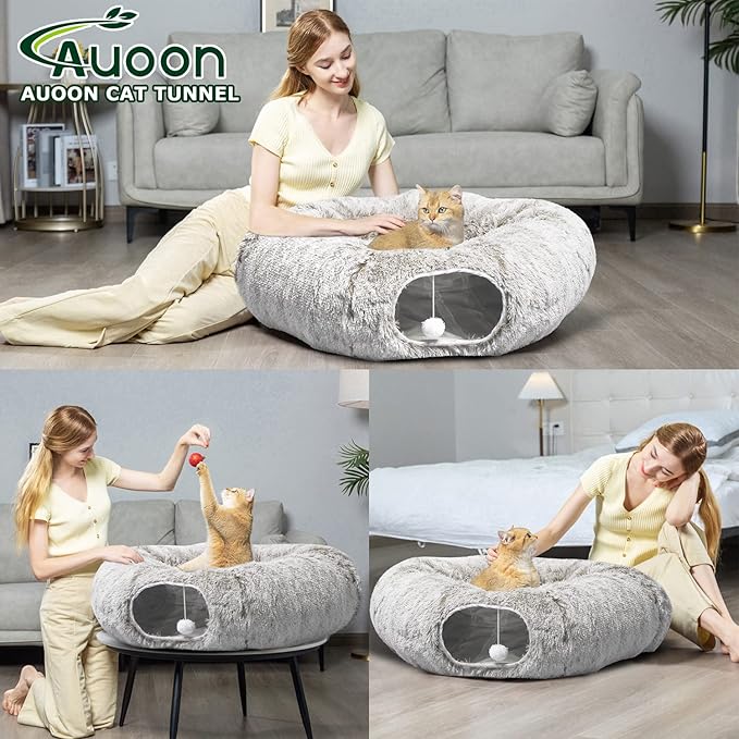 AUOON Cat Tunnel Bed - Christmas Tree Cat Tunnel, Cat Donut Tunnel with Soft Plush Circle Cushion for Indoor Cats Kitten Kitty Puppy Rabbit Ferret (Khaki)