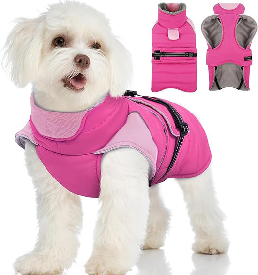 MIGOHI Warm Dog Jacket - Waterproof Small Dog Coat with Furry Collar, Windproof Dogs Fleece Vest, Reflective Cold Weather Coats for Small Dogs, Adjustable Buckle,Poodle,S,Rosepink
