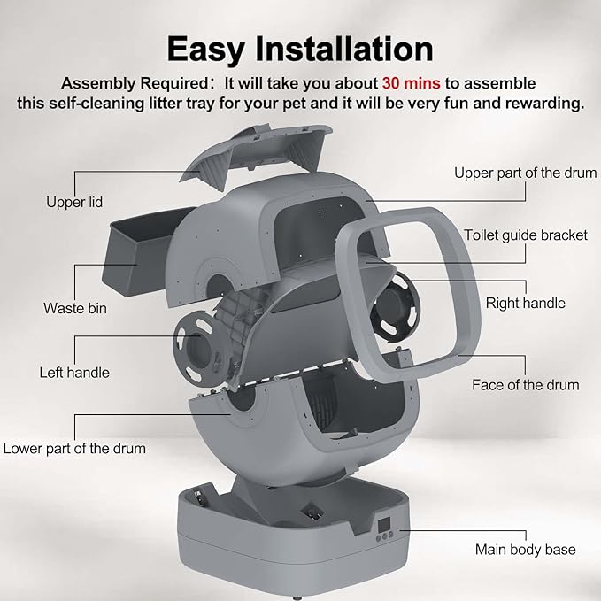 Automatic Cat Litter Box Self Cleaning - APP Control - Weight Monitoring - Ultra-Quiet, Medium Cats and Kittens Litter Box, Safe Anti-Pinch【Assembly Required】- Grey