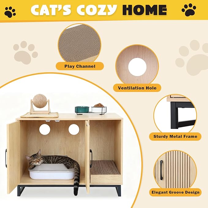 Litter Box Enclosure, Cat Litter Box Furniture with Scratching Mat, Large Hidden Litter Box Furniture Pet House, Wooden Cat Washroom Indoor, End Side Table for Hallway (Landing)