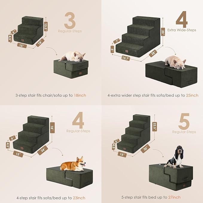 EHEYCIGA Dog Stairs for Bed 20" H, 4-Step Extra Wide Dog Steps for High Bed, Pet Steps for Small Dogs and Cats, Non-Slip Balanced Pet Ramp Indoor, Military Green