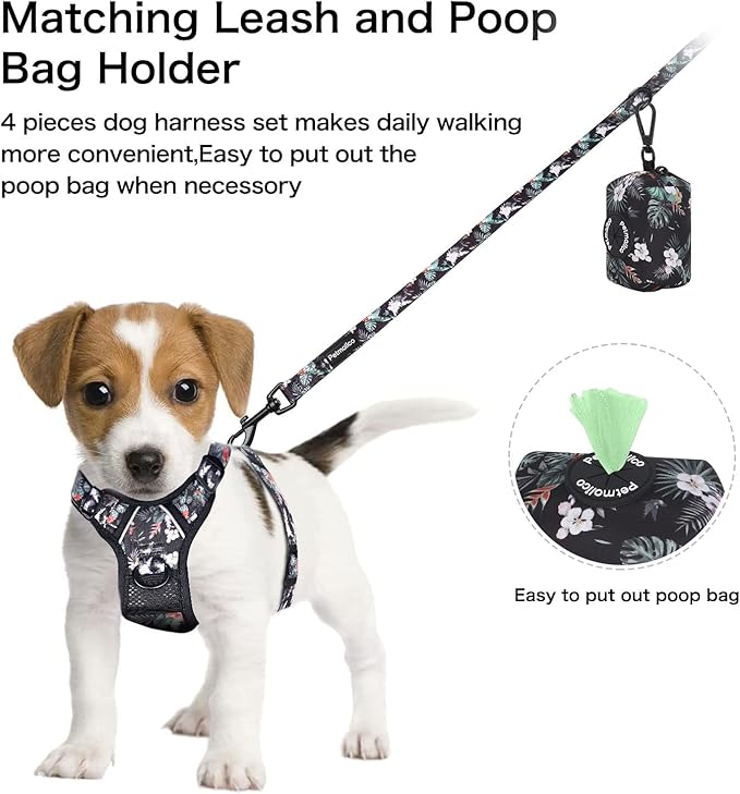Petmolico No Pull Dog Harness Set with Leash Attachment Easy Control Handle Reflective Harness Vest Small Breed, Puppy Vest and Leash Set with Poop Bag Holder, Medium - Rainforest Flower
