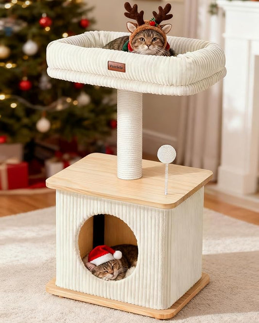 Modern Cat Tree for Indoor Cats, Nordic Loft Style, Wooden Cat Tower with Sisal Scratching Posts, Soft Padded Beds & Cozy Condos, Floor-Mounted for Kittens & Adult Cats