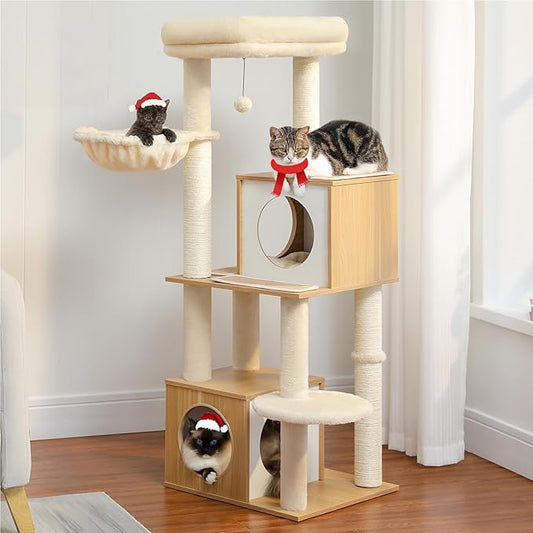 Modern Cat Tree for Indoor Cats Large Adult, 51 Inches Wood Cat Tower with Cozy Condos, Fully Sisal-Wrapped Scratching Posts, Top Perch and Soft Hammock, Kitten Play House, Beige