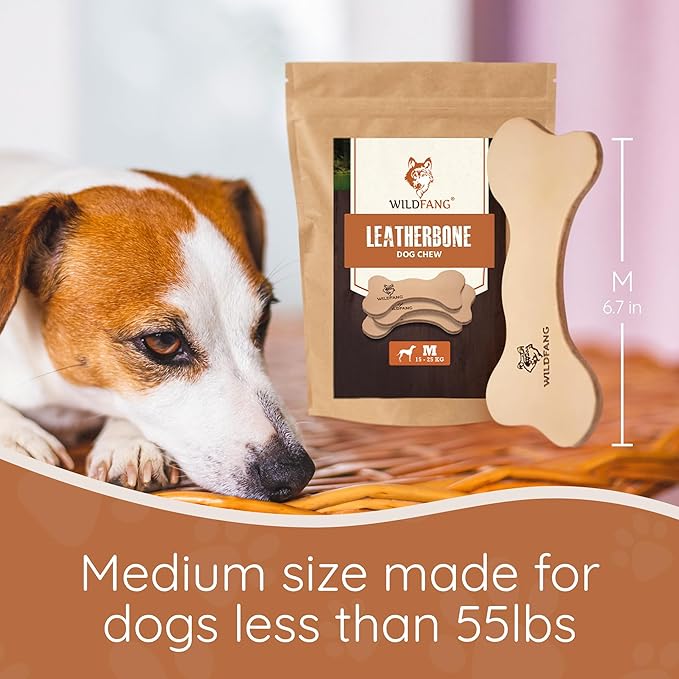 Wildfang® Leather Dog Toy, Medium - Leather Bone for Teething Dog, Dental Toys for Puppies, Training for Chewing Muscles, Puppy Chew Bones for Light or Medium Chewers (for Dogs 22-33 lbs), Pack of 3