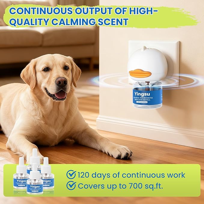 Dog Calming Diffuser, 6 in 1 Puppy Pheromones Calming Diffuser, Relaxing Pheromone for Dogs Relief Stress Anxiety Reduce Aggression Barking, Help Train Dog to Pee, 2 Diffuser 4 Refill(48ml)