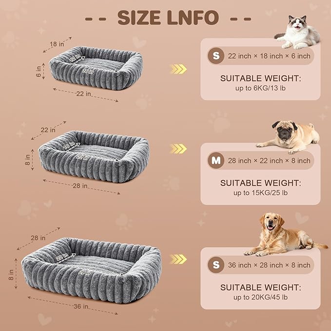 Cat Beds for Indoor Cats, Square Self Warming Cat Bed Orthopedic Pet Bed with Pillow Super Soft Rabbit Fur Small Dog Beds, Calming Plush Kitten Bed with Removable Washable Cover & Anti-Slip Bottom