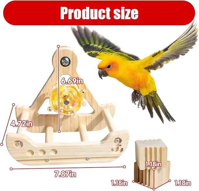 Bird Perch Toy, Interactive Rotating Toy, Wooden Parrot Perches, Bird Cage Accessories, Safe Wooden Construction, for Parakeets, Cockatiels & Small Parrots, PRO