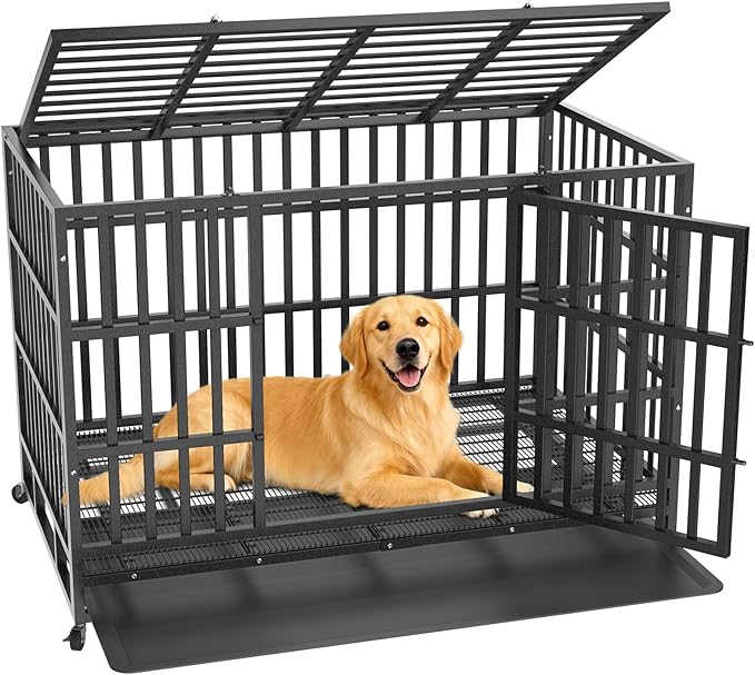Heavy Duty Dog Crate 48 Inch, Indestructible Dog Crate with Removable Tray, Escape Proof & High Anxiety Dog Kennel Indoor, Metal Dog Cage with Wheels for Large Dogs, XL XXL XXXL