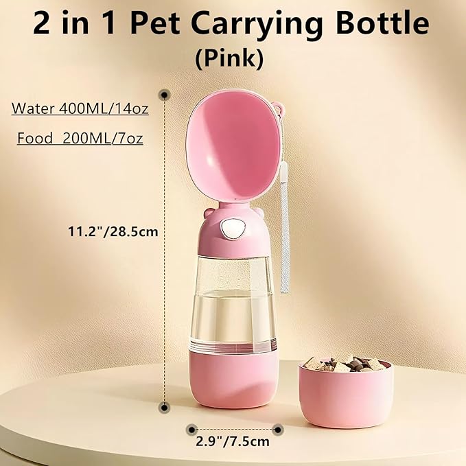 2 in 1 Dog Water Bottle with Food Container, Portable Dogs Water Dispenser, Outdoor Drink Bottles for Puppy, Cat, Pet, Essential Items for Travel, Walking, Hiking, Pet Accessories (Pink)